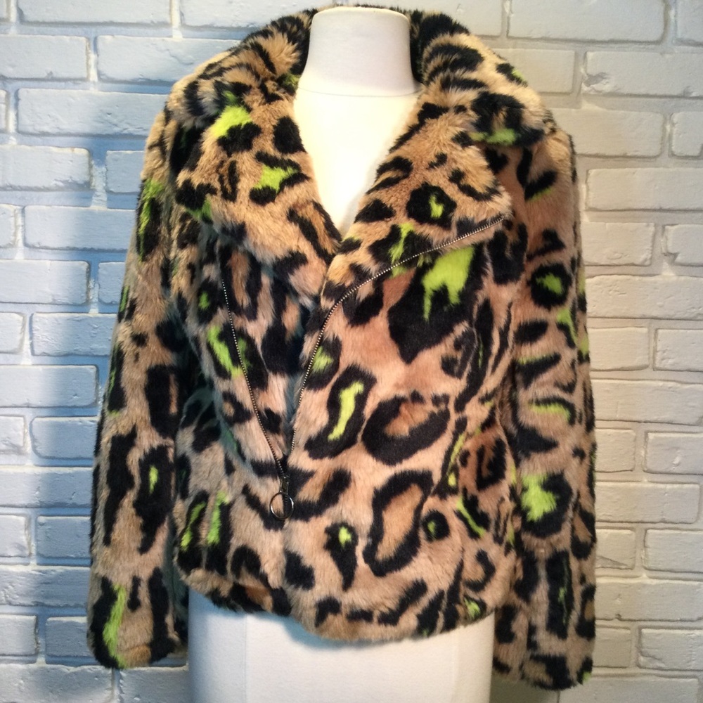 Faux Fur Leopard Print Jacket with Neon Green Accents
